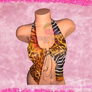 Animal Print Mesh Split Tie Halter Top - Small (HANDMADE)